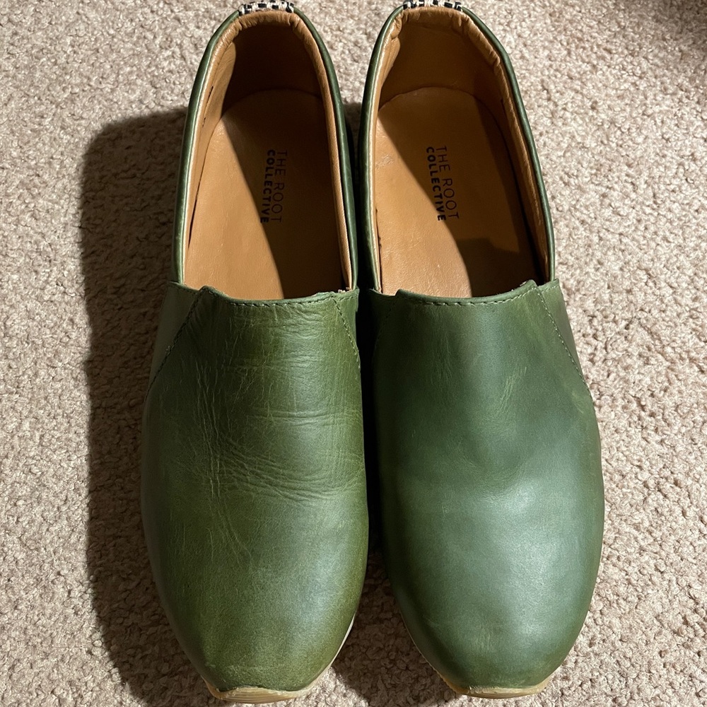 The Root Collective Olive Green Leather slip-ons